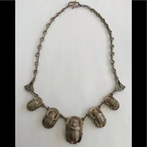 Egyptian Revival Silver Enamel Scarab Necklace 17"
